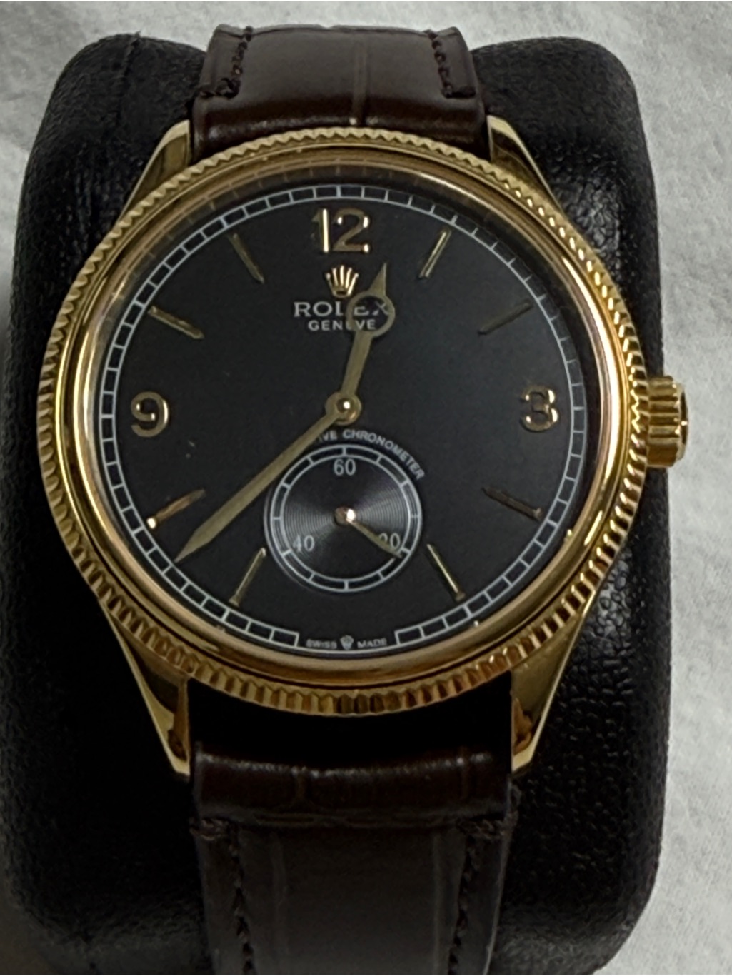 Rolex Black Dial Gold Case Brown Strap Dress Watch